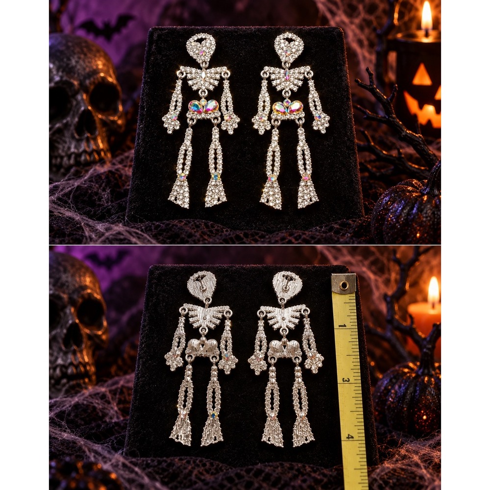 Silver Rhinestone Skeleton Drop Earrings AB Crystal Articulated Gothic Halloween
